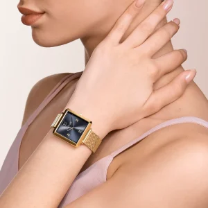 Uhr Iconic Square Midnight Blue Sunray Milanaise Edelstahl Gold