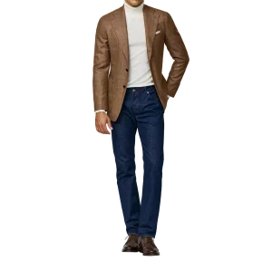 Zimtfarbenes Sakko mit doppeltem Dunkelblauem Windowpane Muster