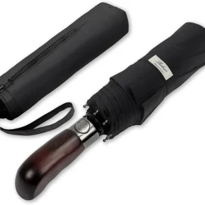 Automatik Taschen-Regenschirm mit Holzgriff – sturmfest & windsicher – Herren & Damen – Designed in Britain