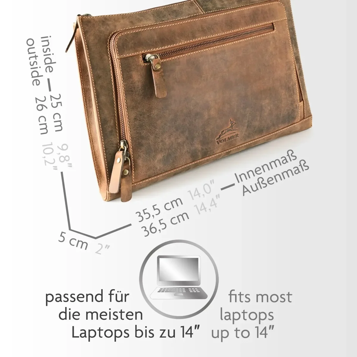 Laptop Tasche Leder – 14 Zoll – mit großer Außentasche | Riverside – Bild 6